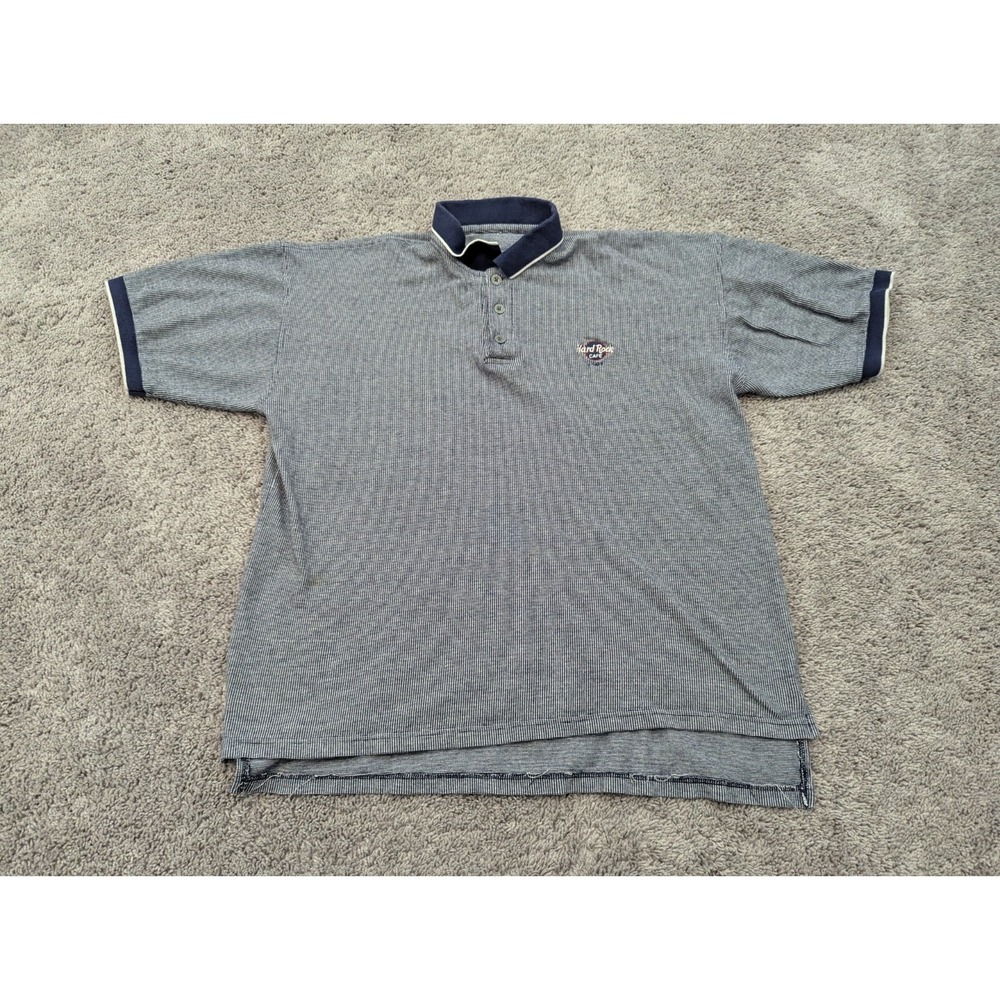 Hard Rock Cafe Polo Shirt Mens Extra Large Short Sleeve Blue Striped Casual